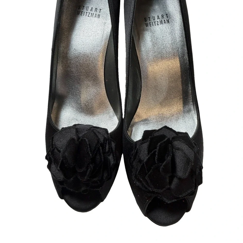 Stuart Weitzman 8.5 Black Satin Rosette Peep Toe Pumps Heels Made in Spain